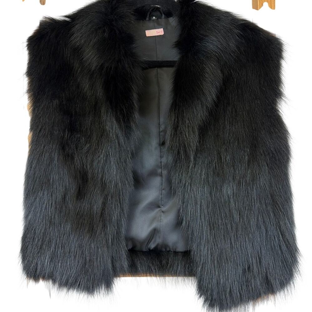 Vintage Fury Black Sleeveless Open Front real Fur Vest Size NA
